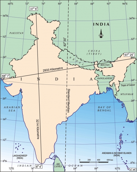 The easternmost longitude of India is ______.97 25' E77 6' E82 32' E68 7' E | India MAP